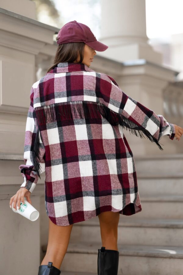 Koszula oversize w krate z frędzlami – Bordo