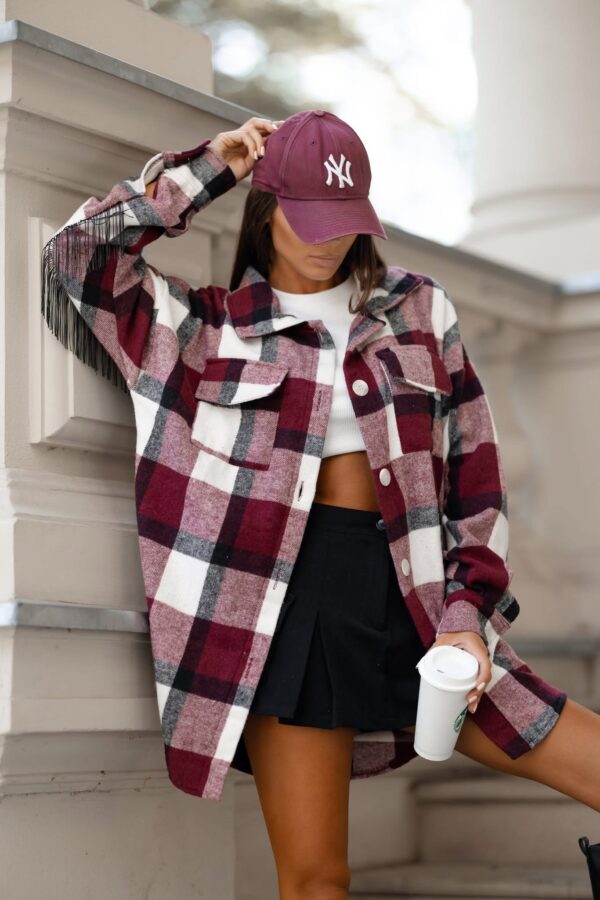 Koszula oversize w krate z frędzlami – Bordo