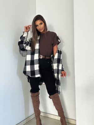 Koszula oversize w krate z frędzlami - czarna