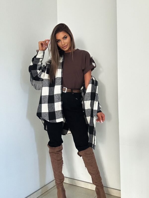 Koszula oversize w krate z frędzlami - czarna