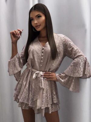 Kombinezon dzwonek koronka pudrowy